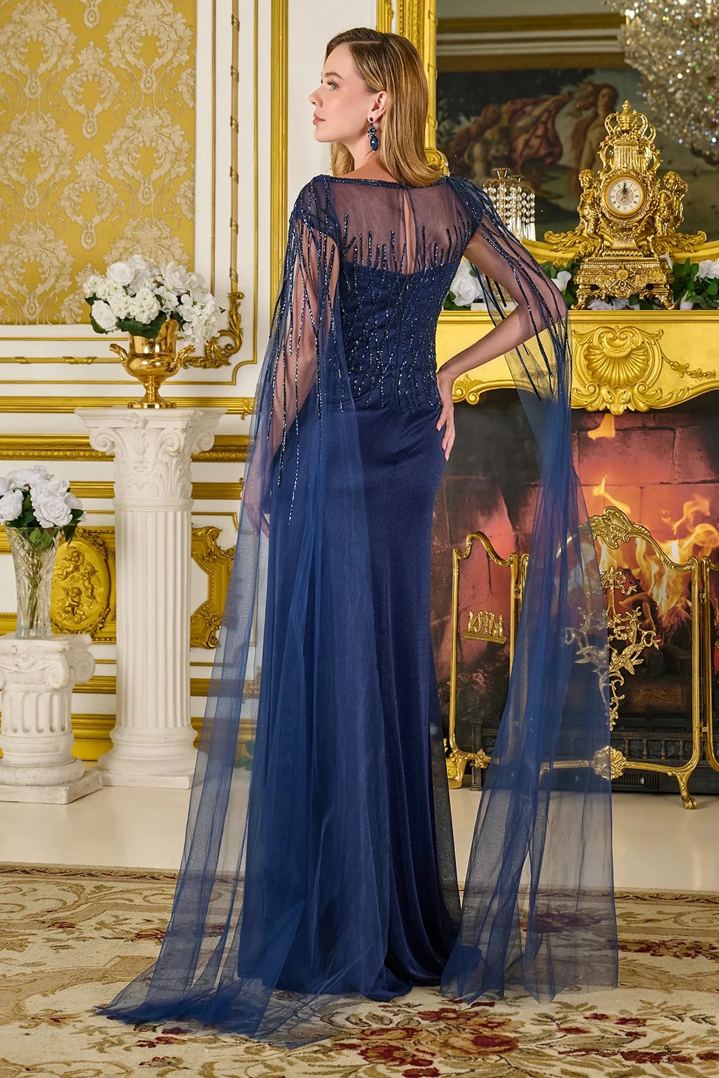 Navy a-line mother of the bride dress with concealed zipper back and cape sleeve