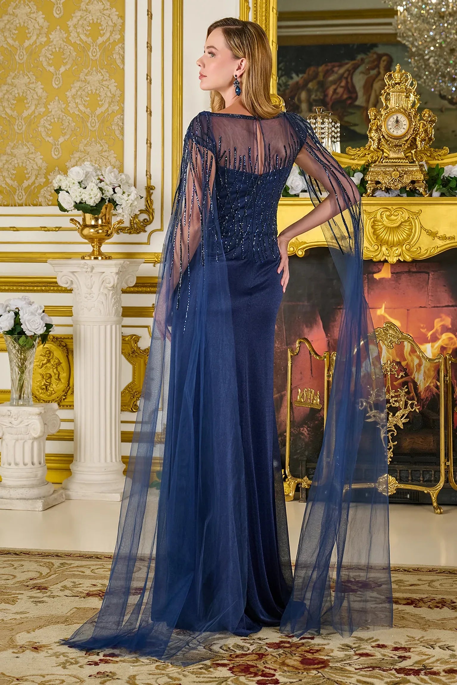 Navy a-line mother of the bride dress with concealed zipper back and cape sleeve