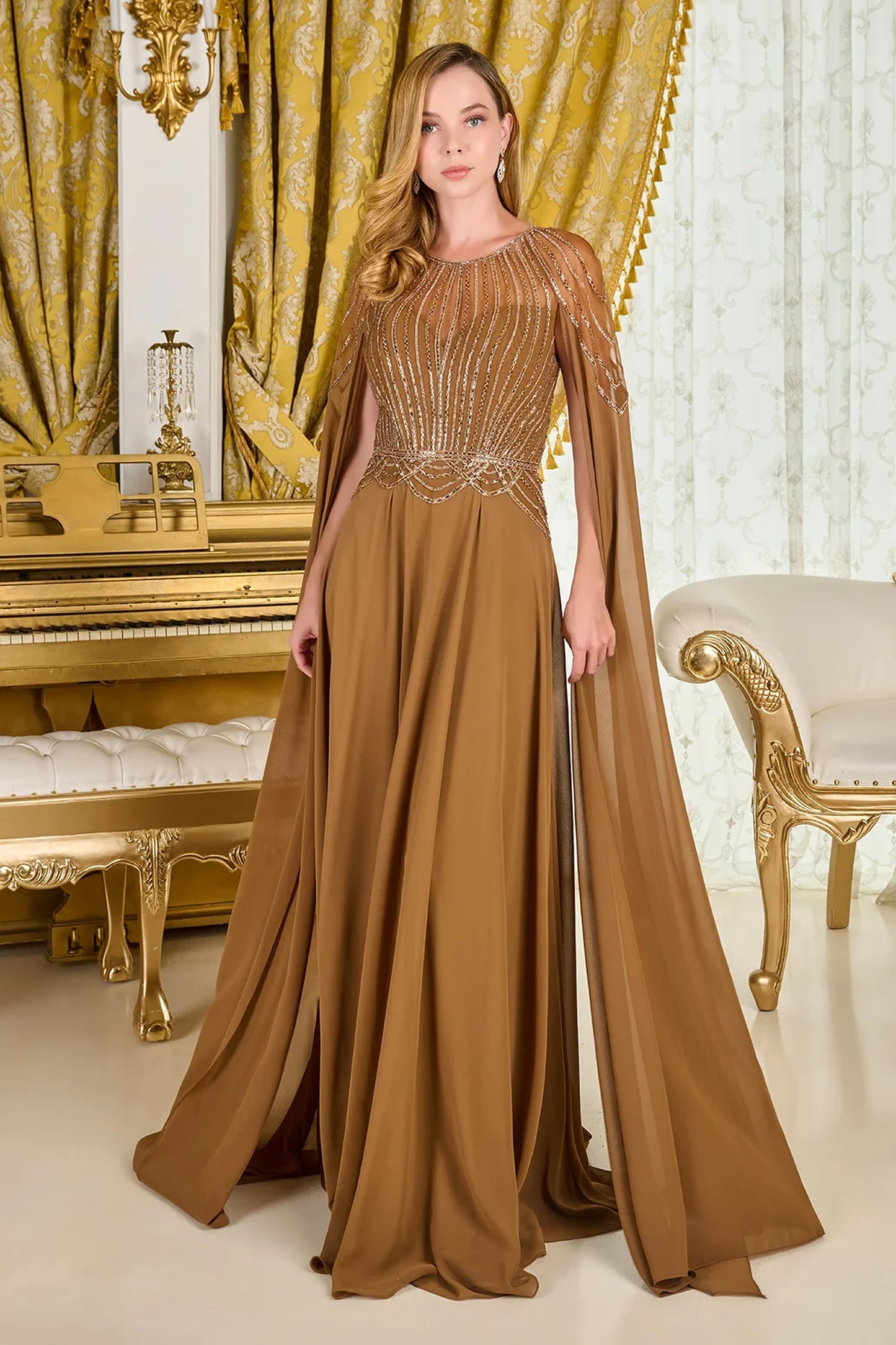 Light Brown chiffon, mesh a-line mother of the bride dress with scoop-neck