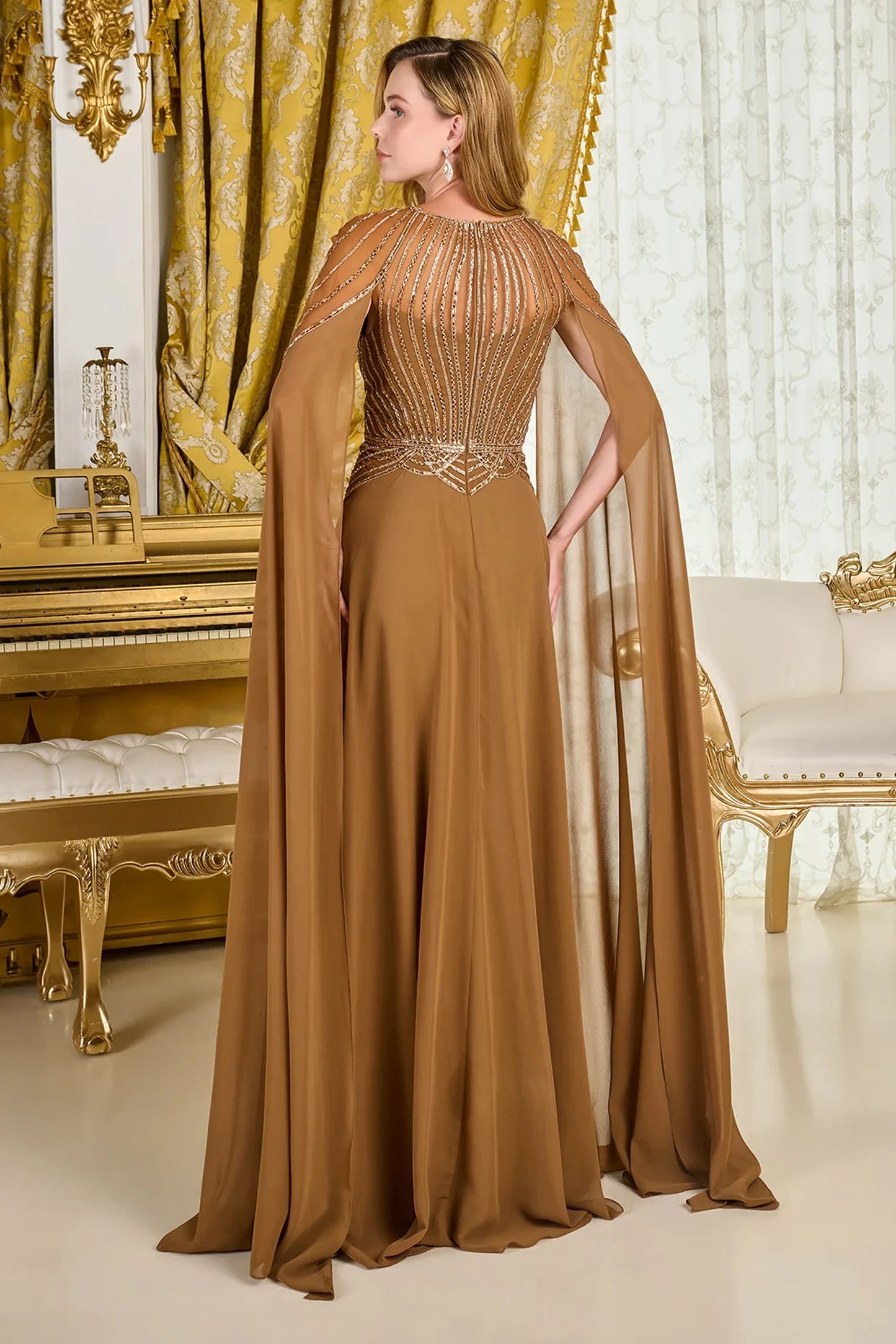 Light Brown a-line mother of the bride dress with concealed zipper back and cape sleeve