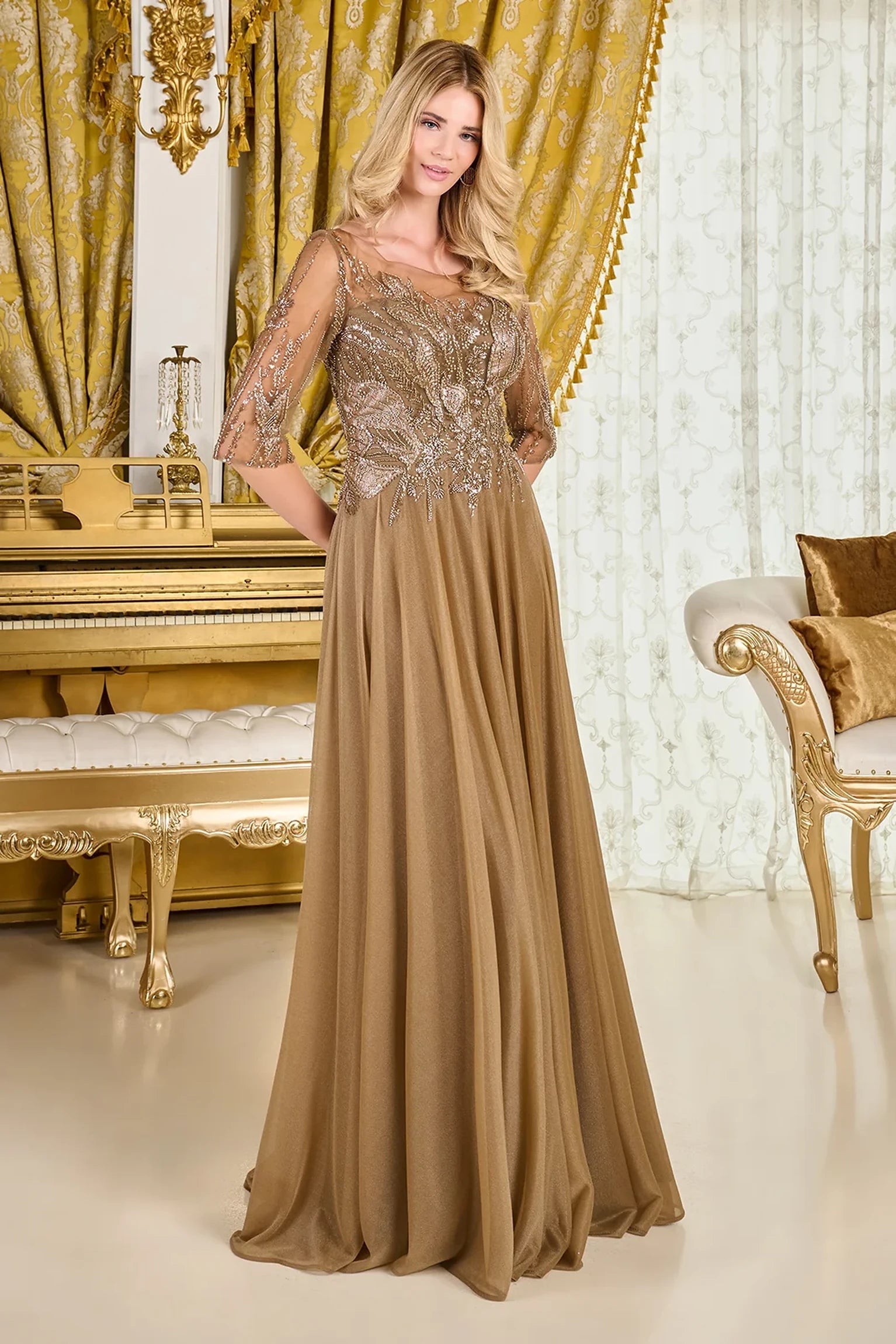 Cappuccino jersey, mesh a-line mother of the bride dress with boat-neck