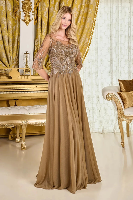 Detailed view highlights cappuccino jersey, mesh a-line mother of the bride dress with boat-neck.