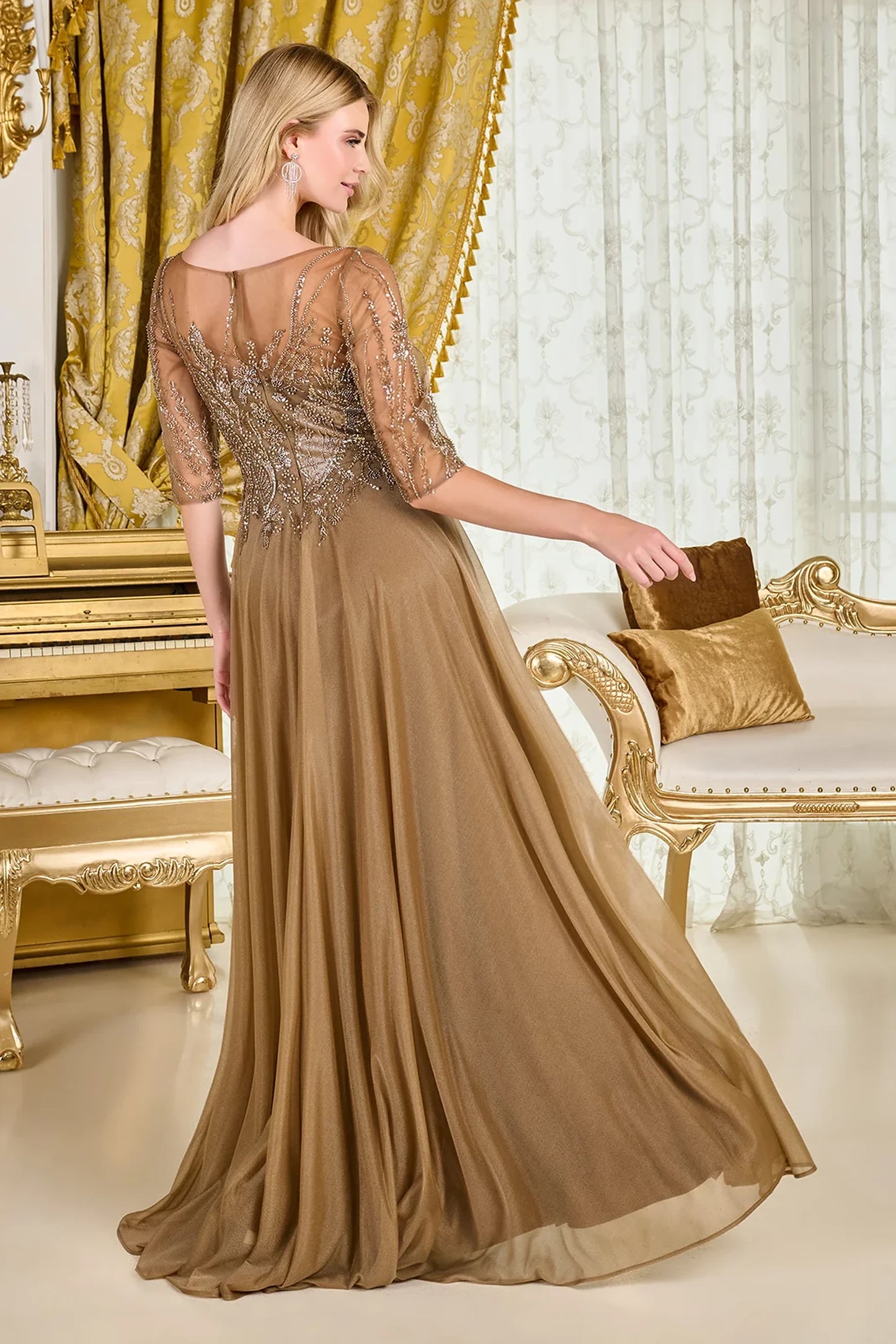 Cappuccino a-line mother of the bride dress with concealed zipper back and 1/2 sleeve