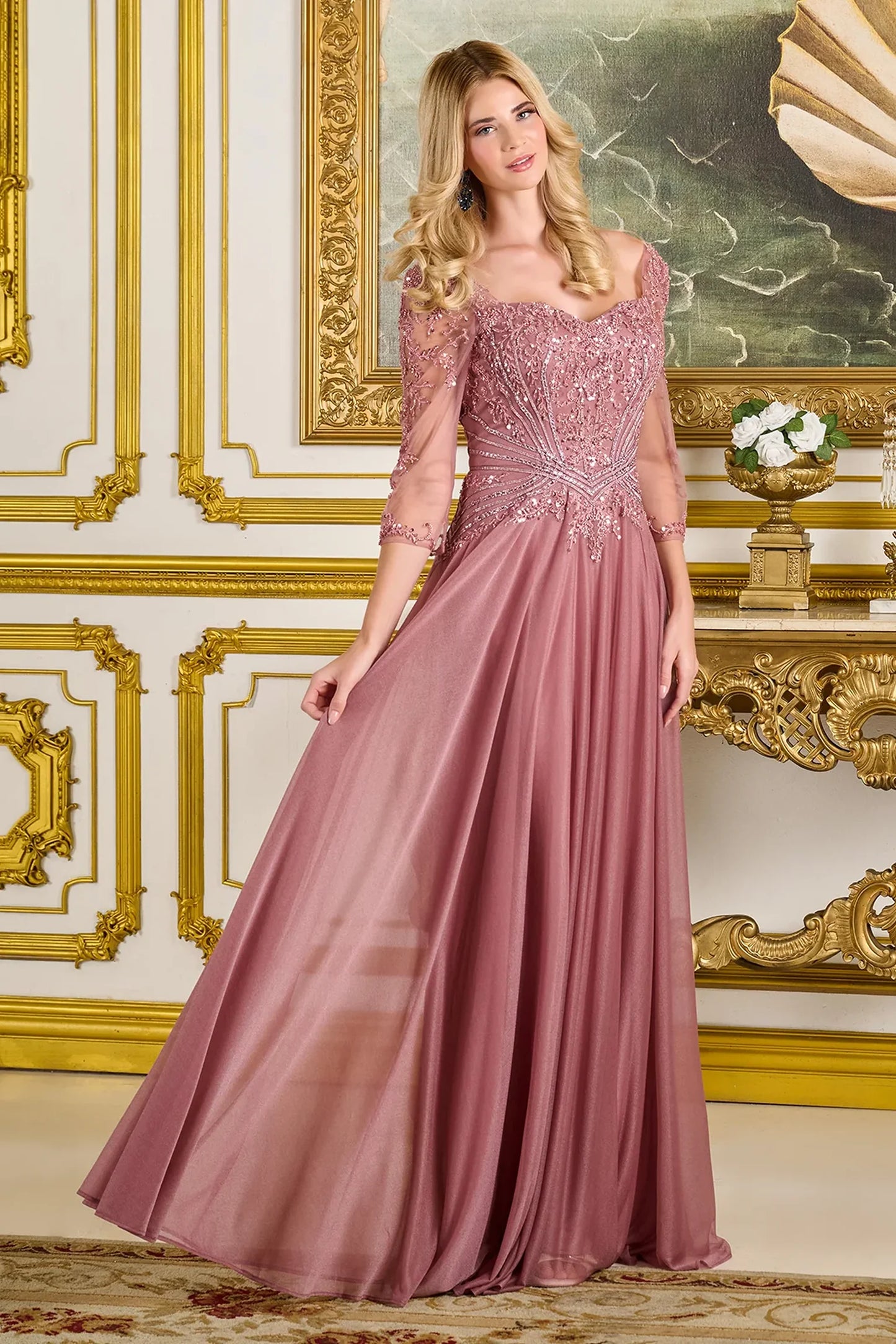 Dusty Rose jersey, mesh a-line mother of the bride dress with sweetheart
