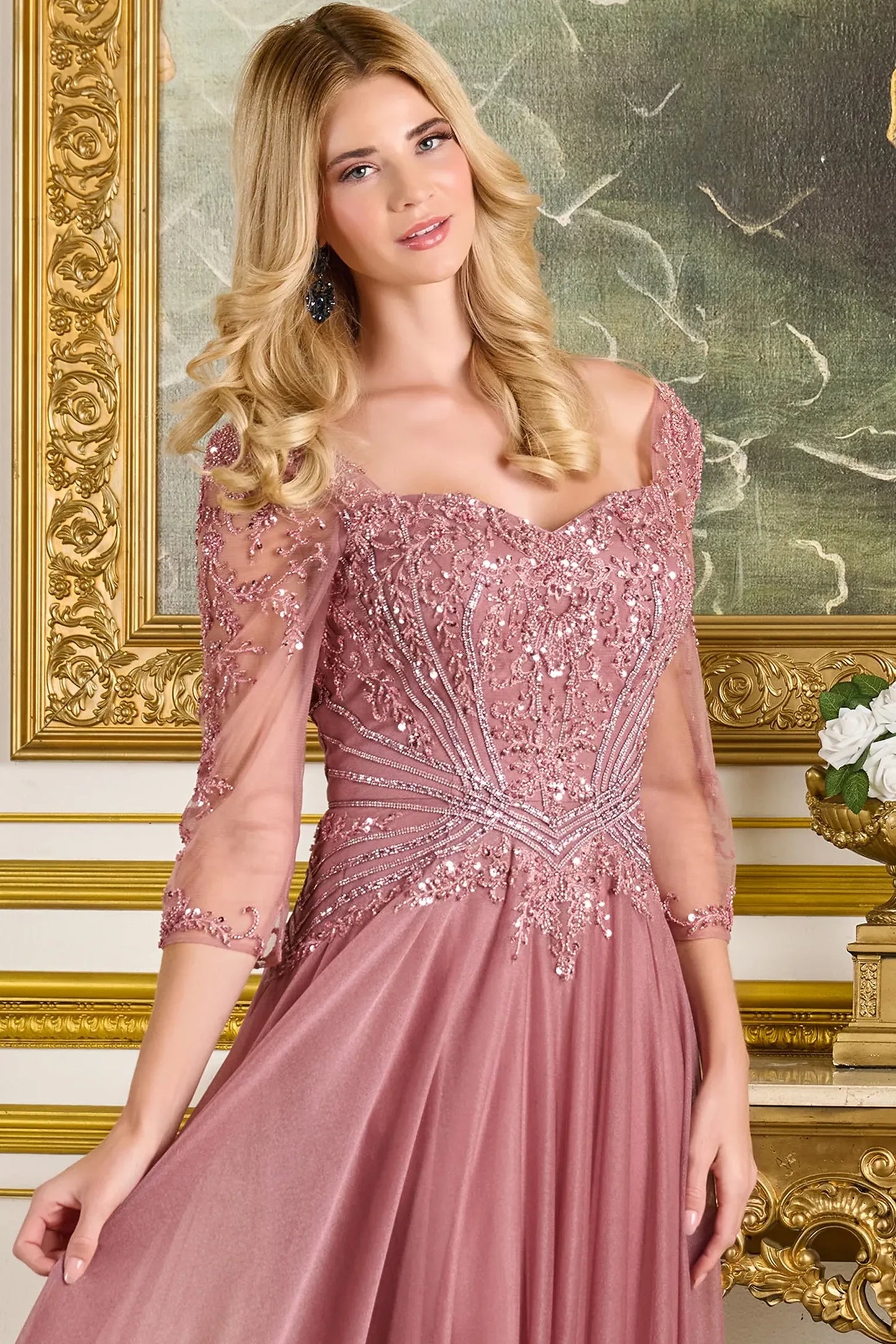 Dusty Rose mother of the bride dress featuring sweetheart bodice with 3/4 sleeve and beads, embroidery, jewel, sequin