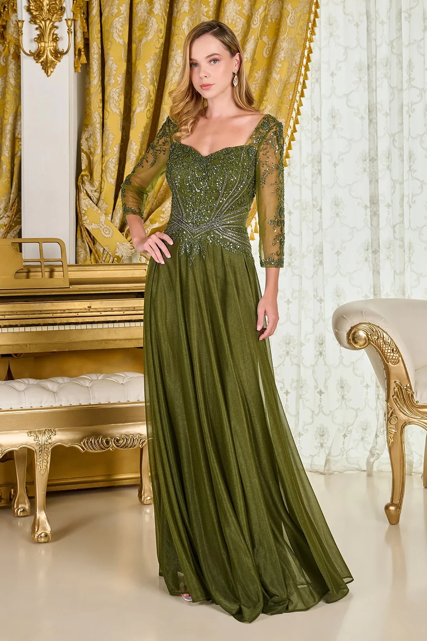 Olive jersey, mesh a-line mother of the bride dress with sweetheart