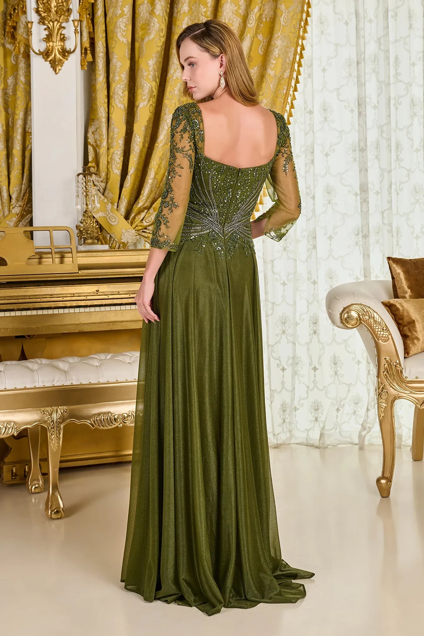 Olive a-line mother of the bride dress with concealed zipper back and 3/4 sleeve