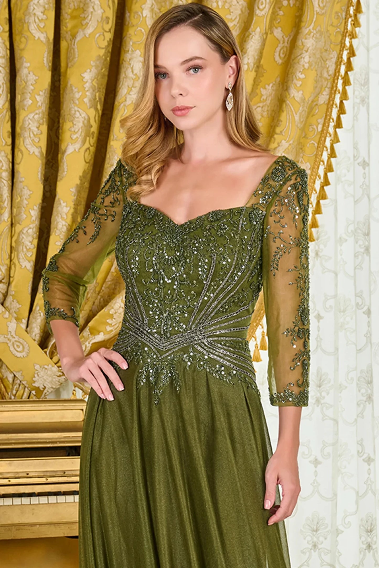 Olive mother of the bride dress featuring sweetheart bodice with 3/4 sleeve and beads, embroidery, jewel, sequin