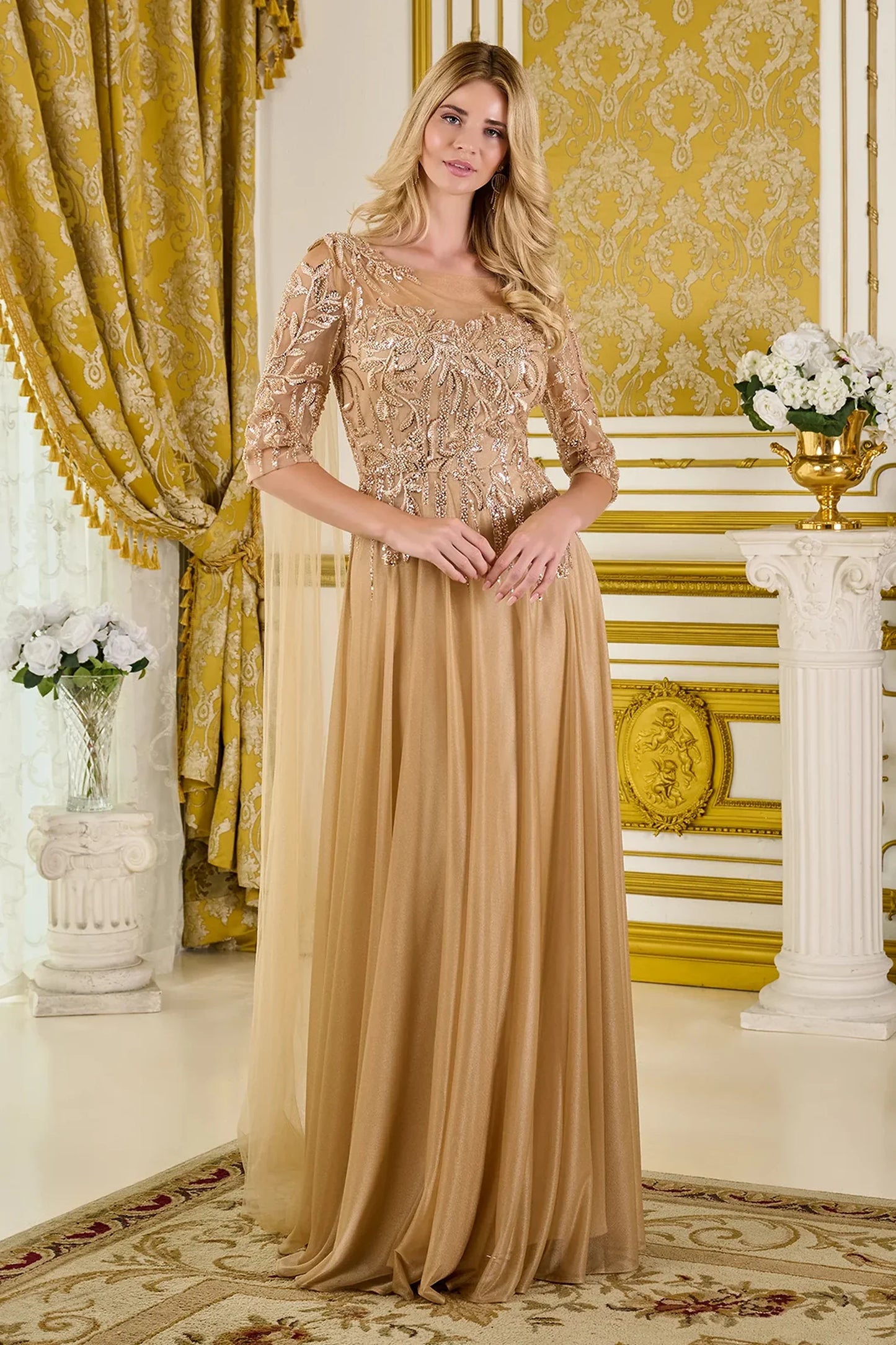 Champagne jersey, mesh a-line mother of the bride dress with boat-neck