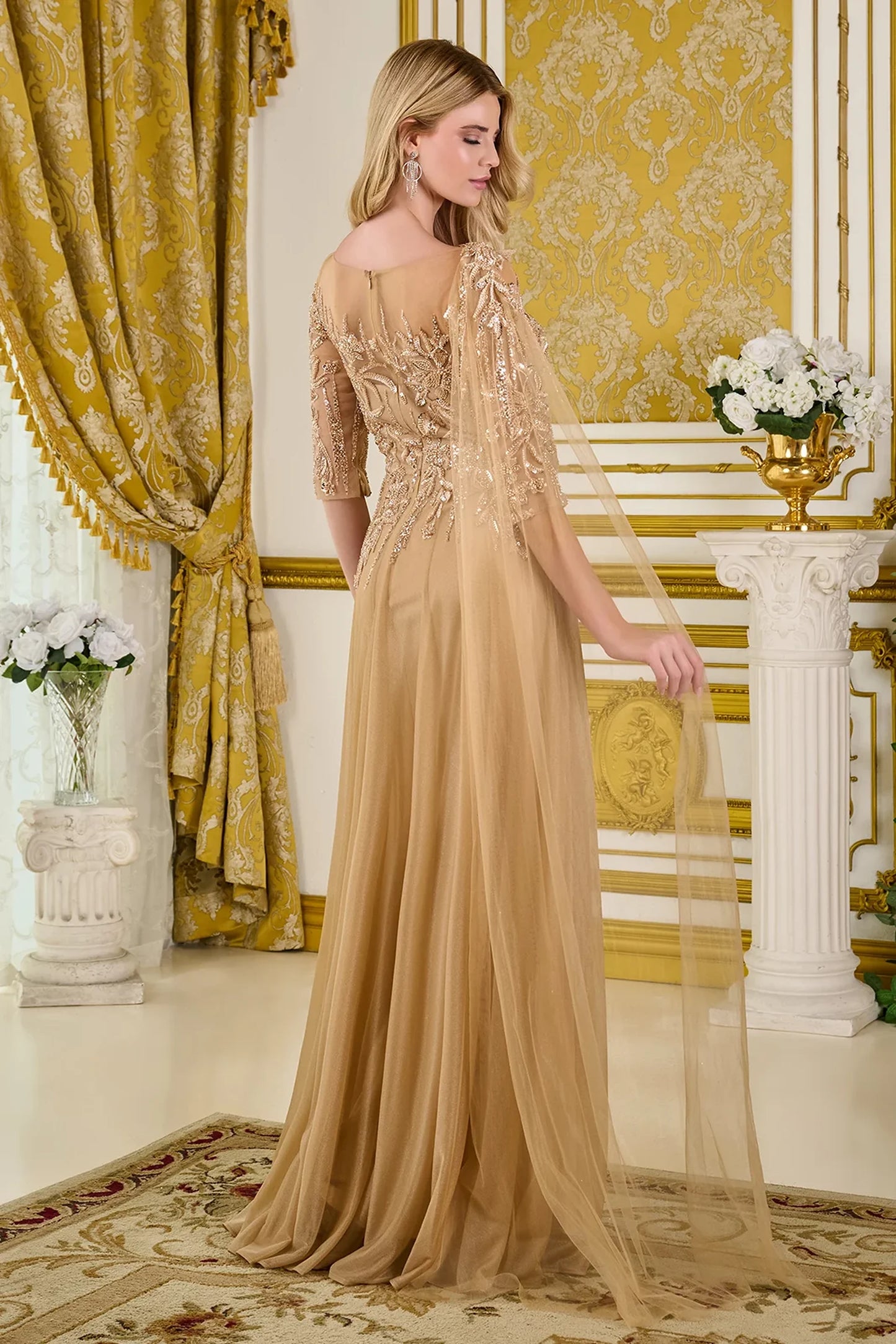 Champagne a-line mother of the bride dress with concealed zipper back and 1/2 sleeve