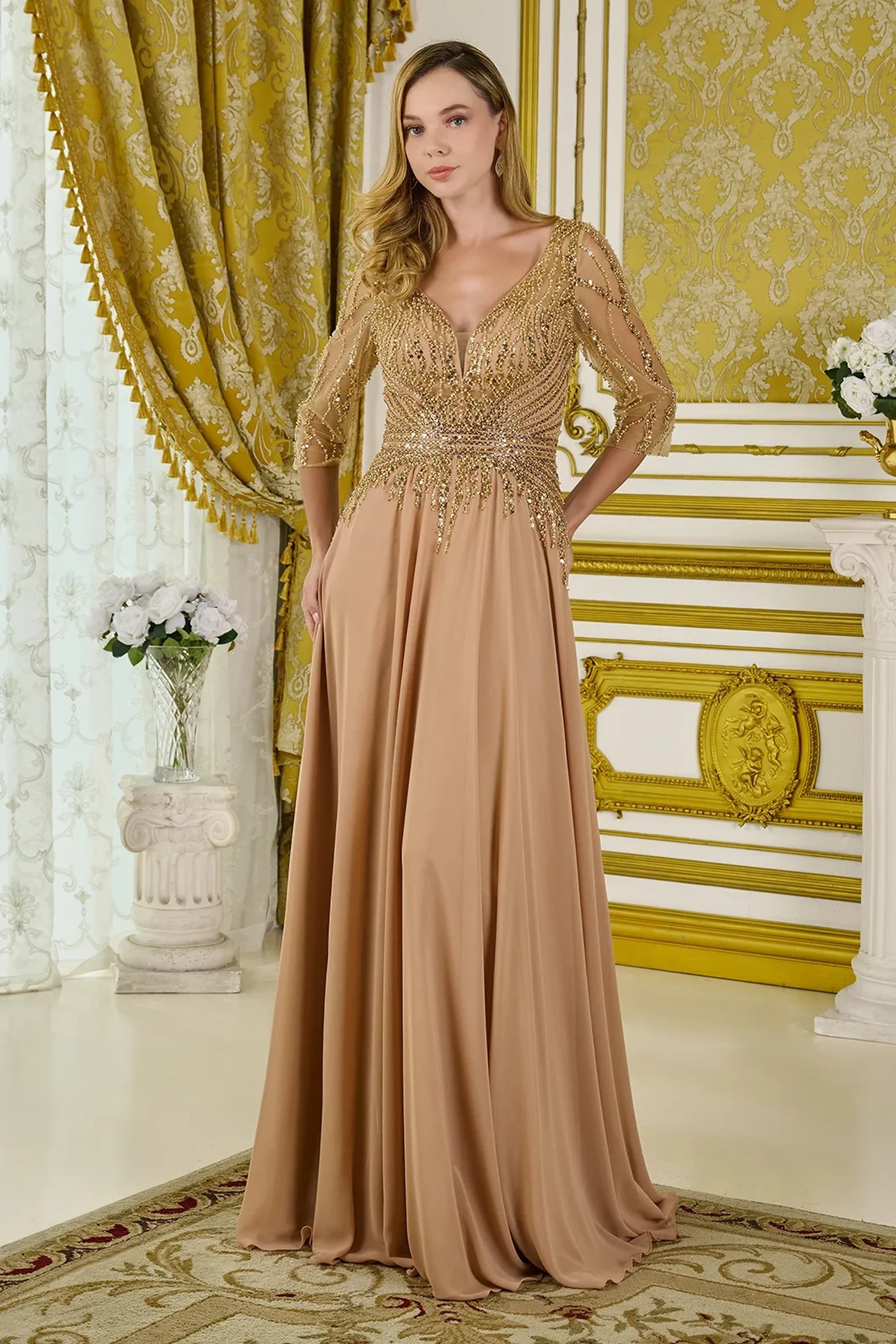 Gold chiffon, mesh a-line mother of the bride dress with v-neck