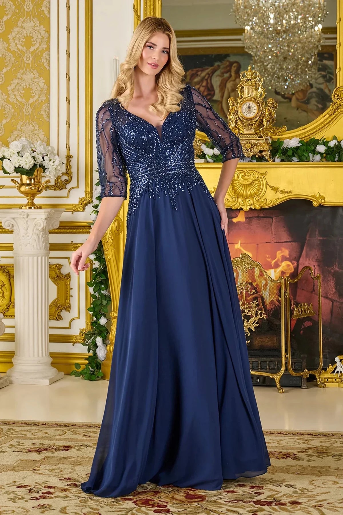 blue and gold mother of the bride dress Navy Beading Sequins Chiffon A-Line – American Stride cute homecoming dresses Eloges | navy blue Height 59wearing size M Style:Small