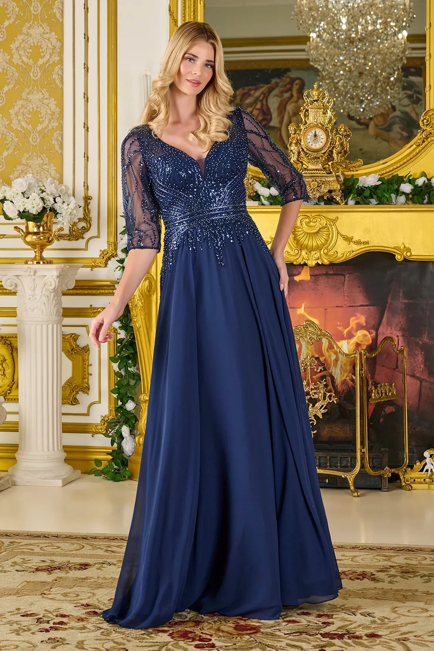 Navy chiffon, mesh a-line mother of the bride dress with v-neck