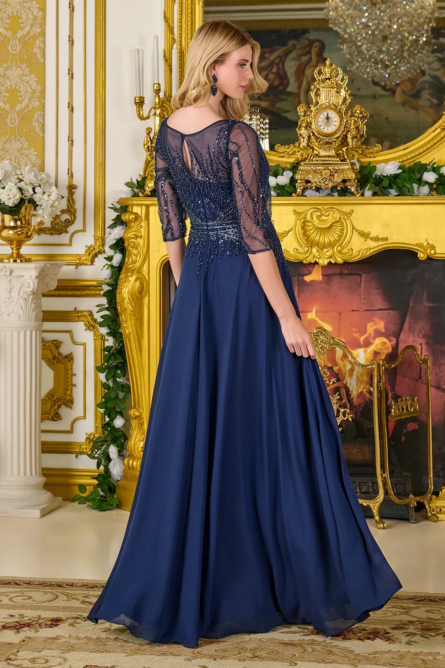 Navy a-line mother of the bride dress with concealed zipper back and 3/4 sleeve