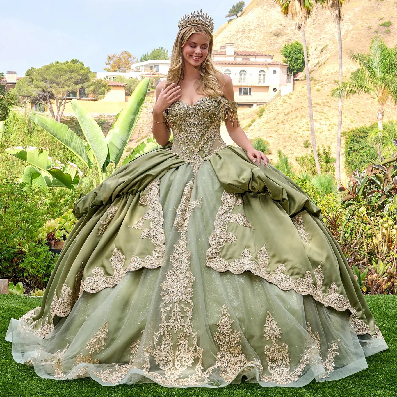 green jeweled dress Olive Quinceañera with Satin Bow and Bubble-Hem Skirt L / eliana black dress Size:Youth 14 Heavy crepe with bow I was named after