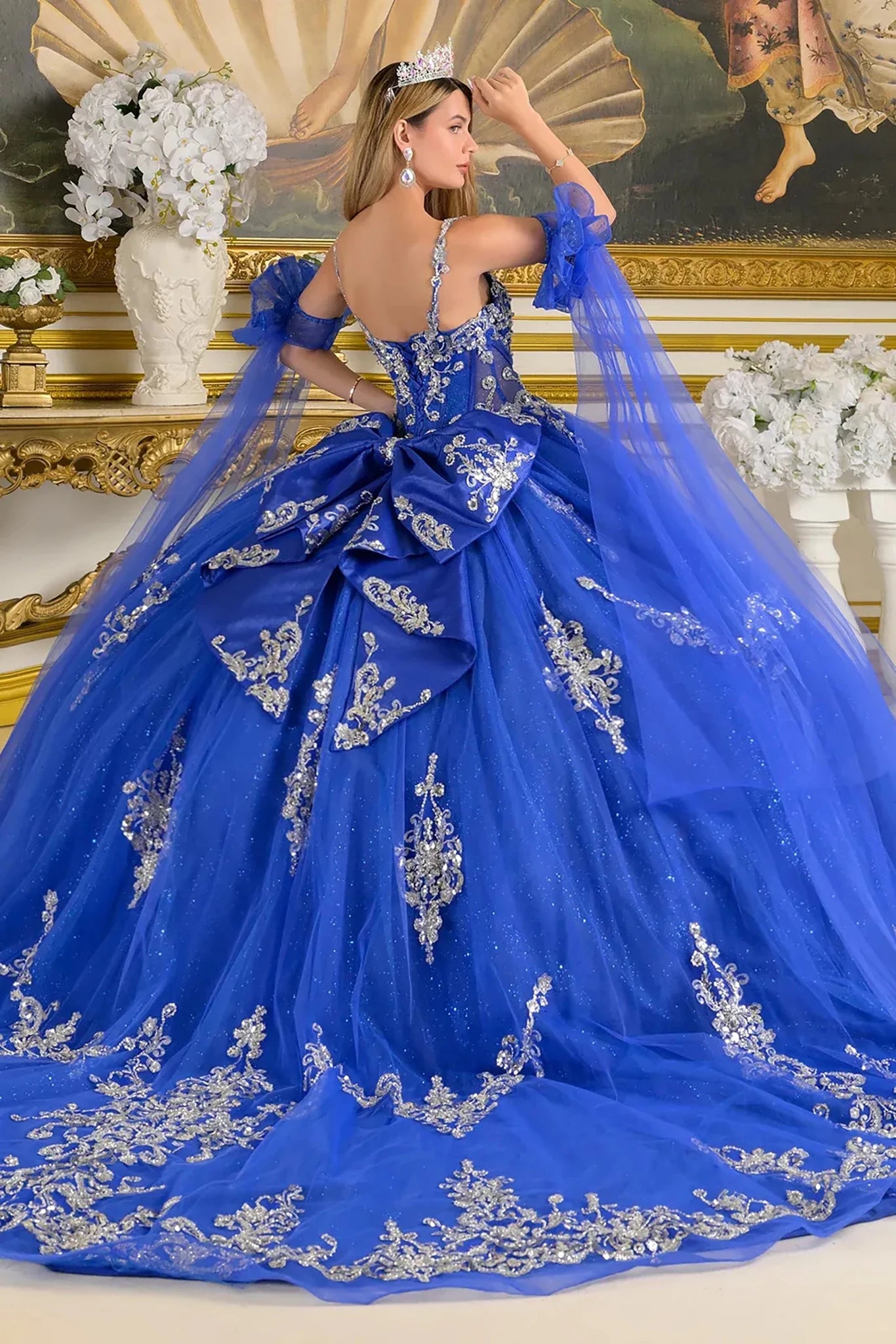 Royal Blue Silver Quinceañera Dress with Detachable Cuff Sleeves L / Blue