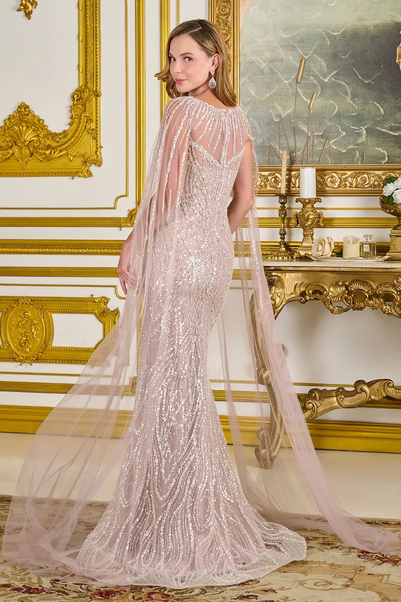 Dusty Rose fitted mother of the bride dress with concealed zipper back and cape sleeve