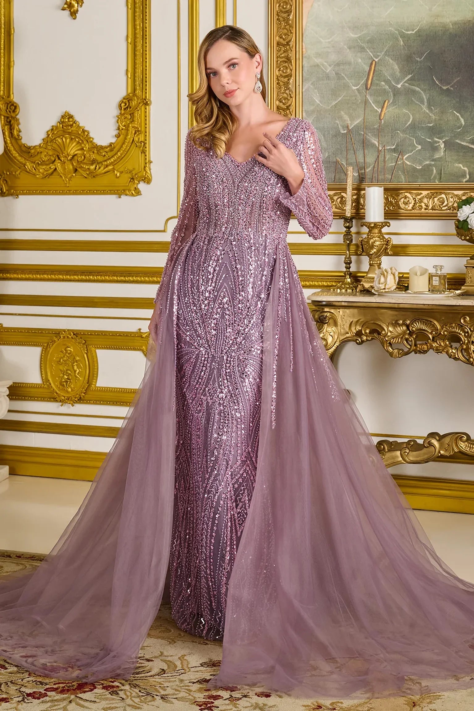 Mauve mesh a-line mother of the bride dress with v-neck