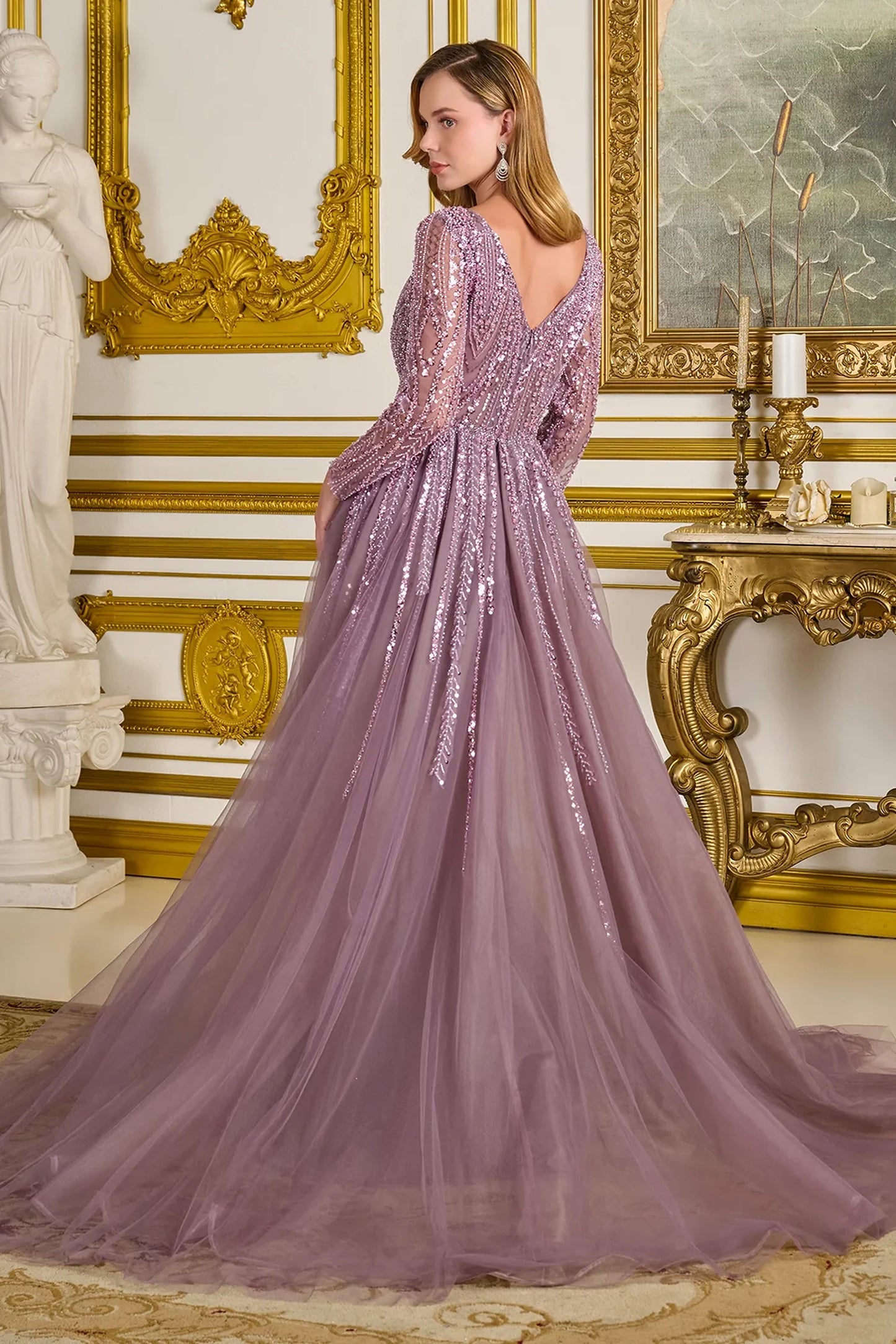 Mauve a-line mother of the bride dress with v-back with concealed zipper and long sleeve