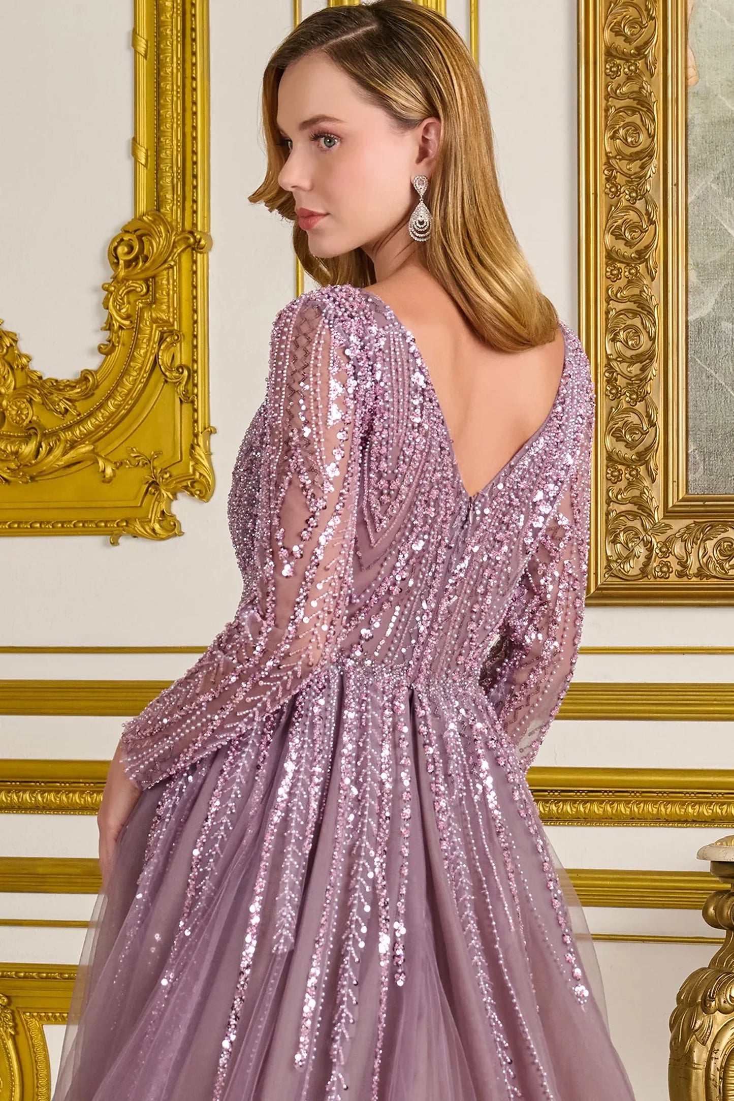 Mauve mother of the bride dress featuring v-back with concealed zipper bodice finished with beads, sequin