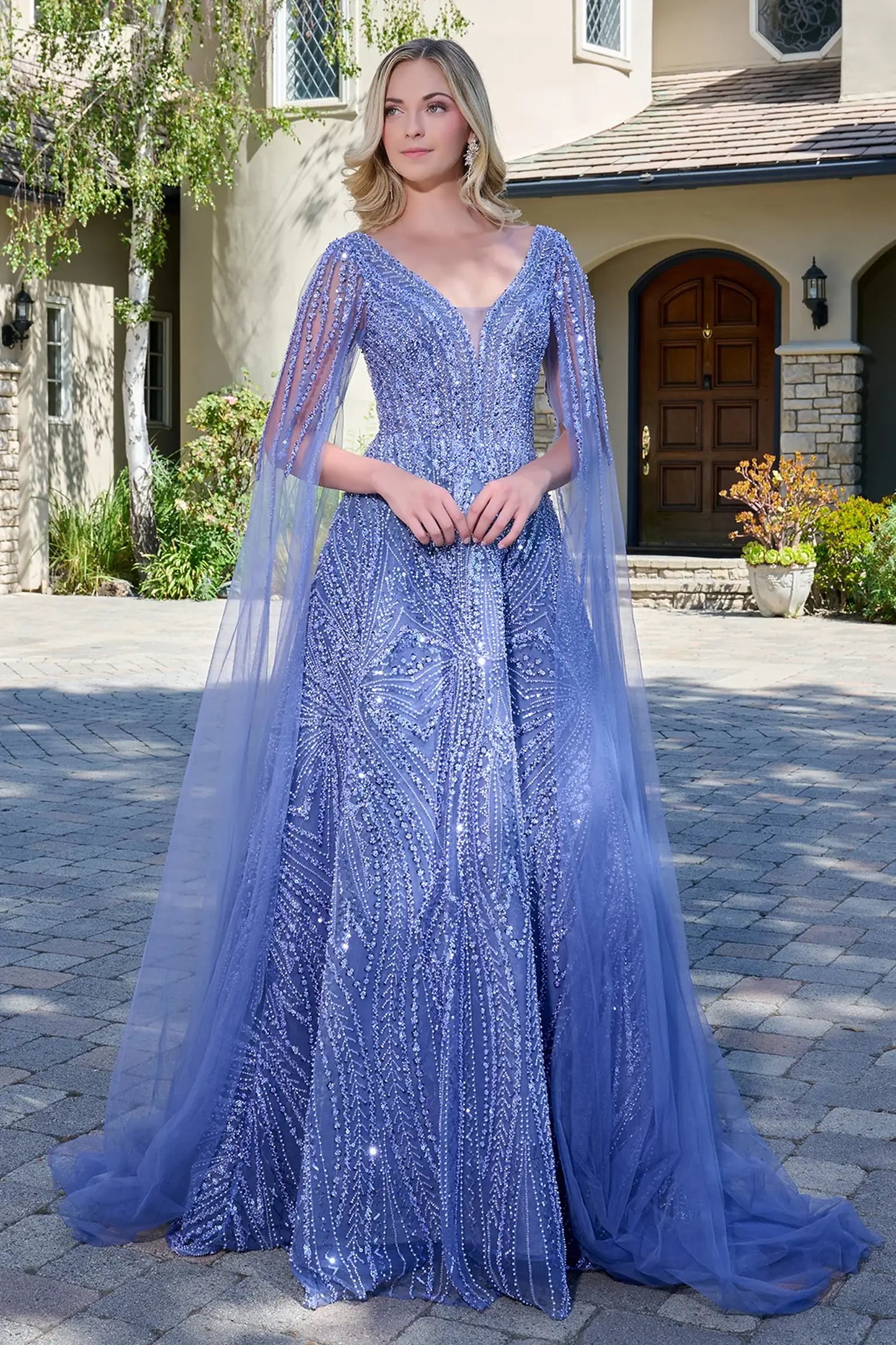 Smoky Blue mesh a-line mother of the bride dress with v-neck