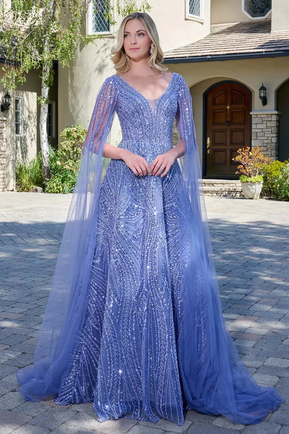 Detailed view highlights smoky Blue mesh a-line mother of the bride dress with v-neck.