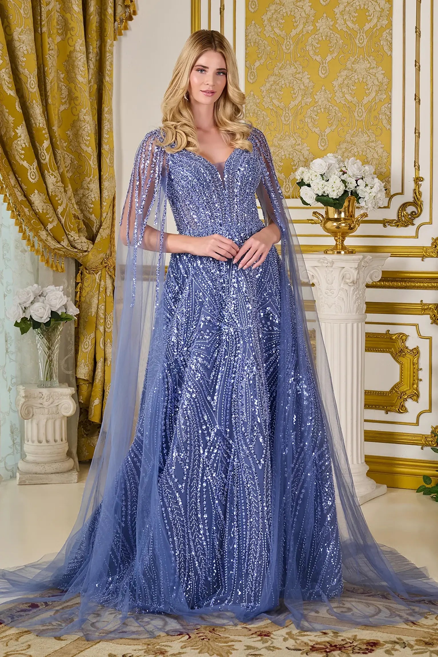Smoky Blue mother of the bride dress featuring mesh skirt with a-line shaping and beads, sequin