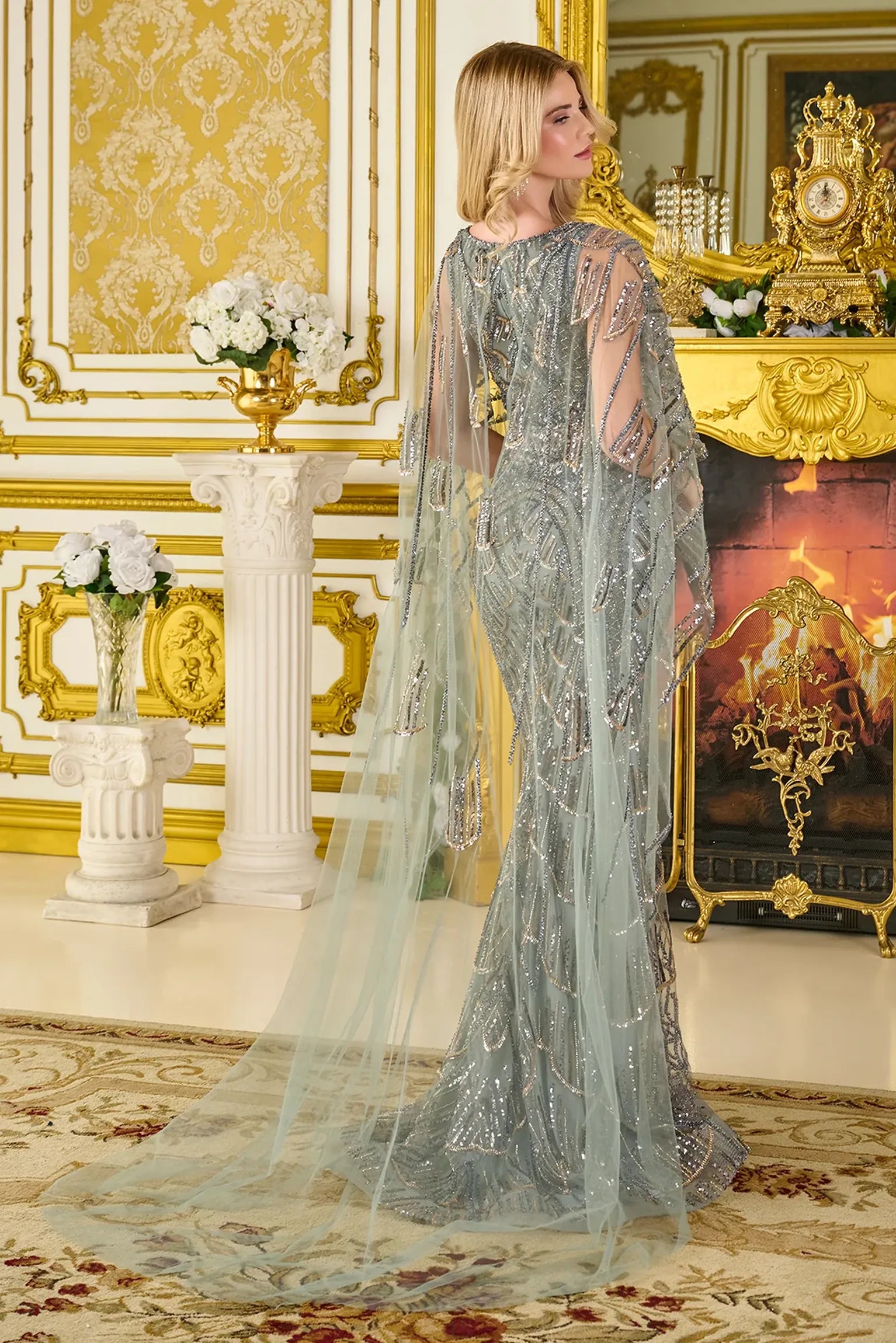 Gray Green fitted mother of the bride dress with concealed zipper back and straps