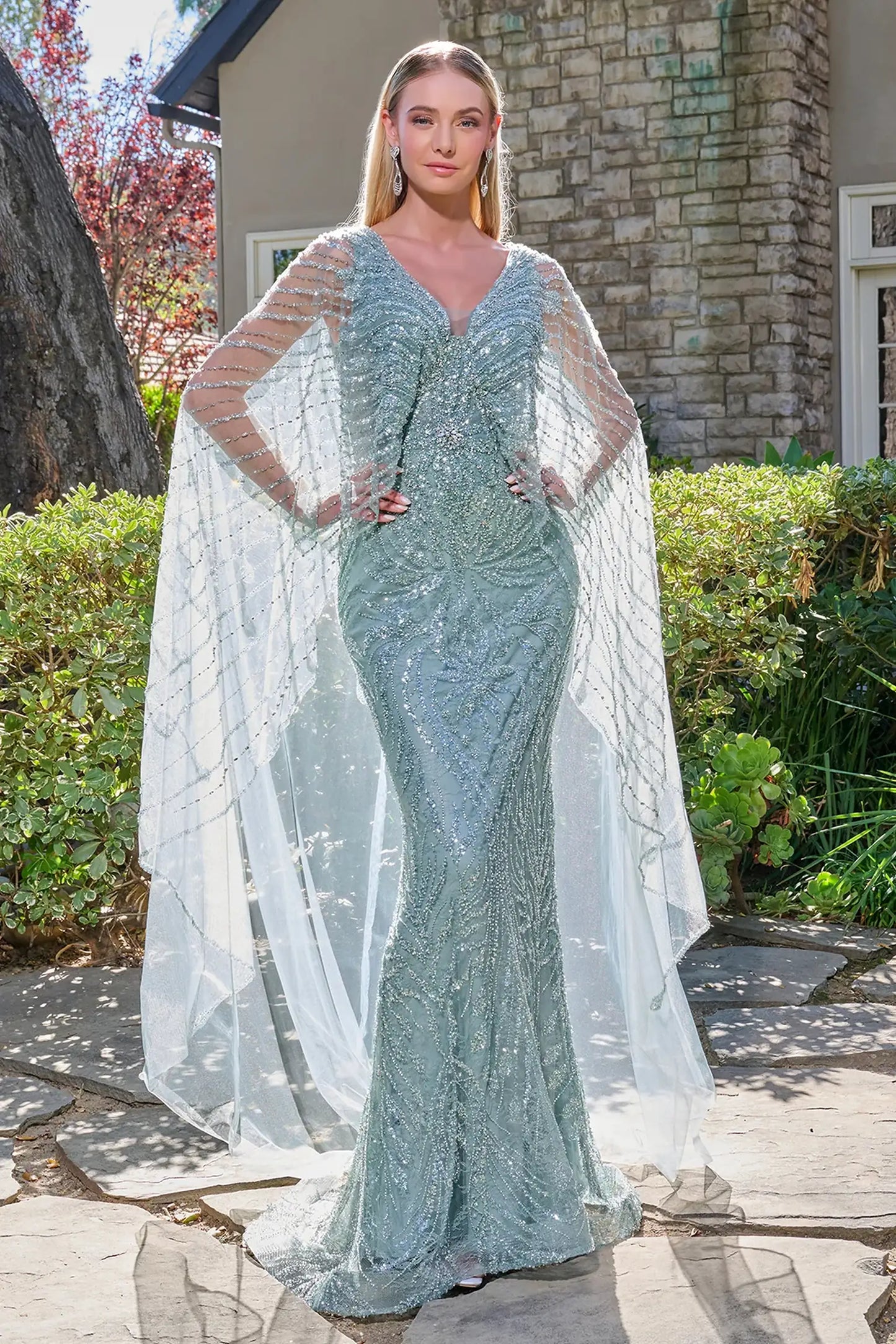 Gray Blue mother of the bride dress featuring lace, mesh skirt with fitted shaping and beads, jewel, sequin