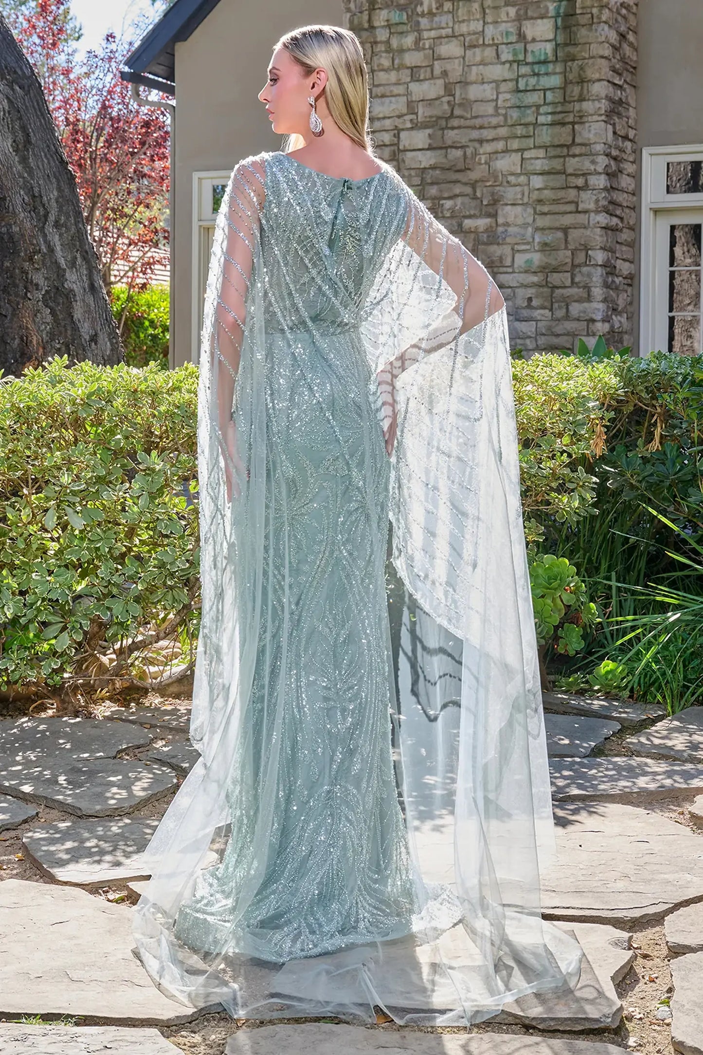 Gray Blue mother of the bride dress featuring formal gown with v-neck, straps, and lace, mesh skirt