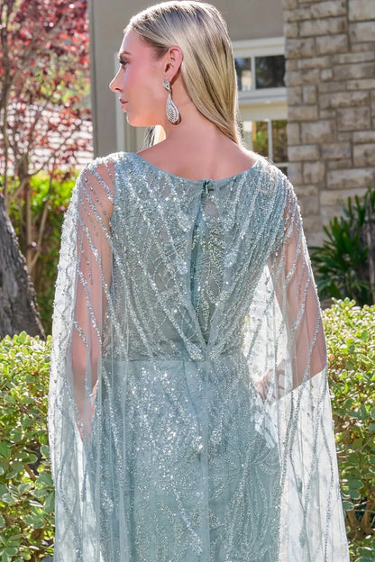 Textured details appear across gray Blue straps mother of the bride dress with beads, jewel, sequin.