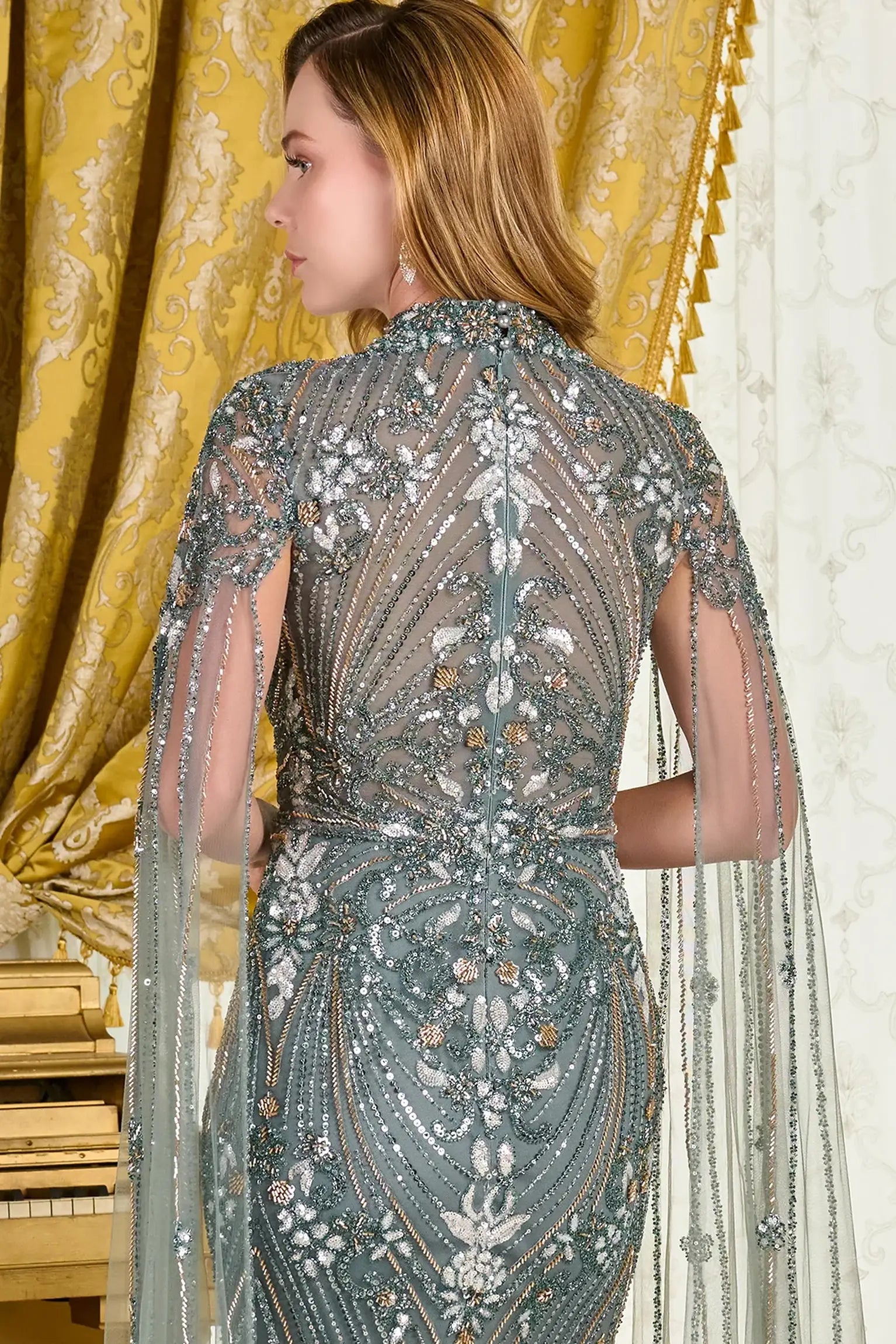 Gray Green mother of the bride dress featuring concealed zipper back bodice finished with beads, sequin