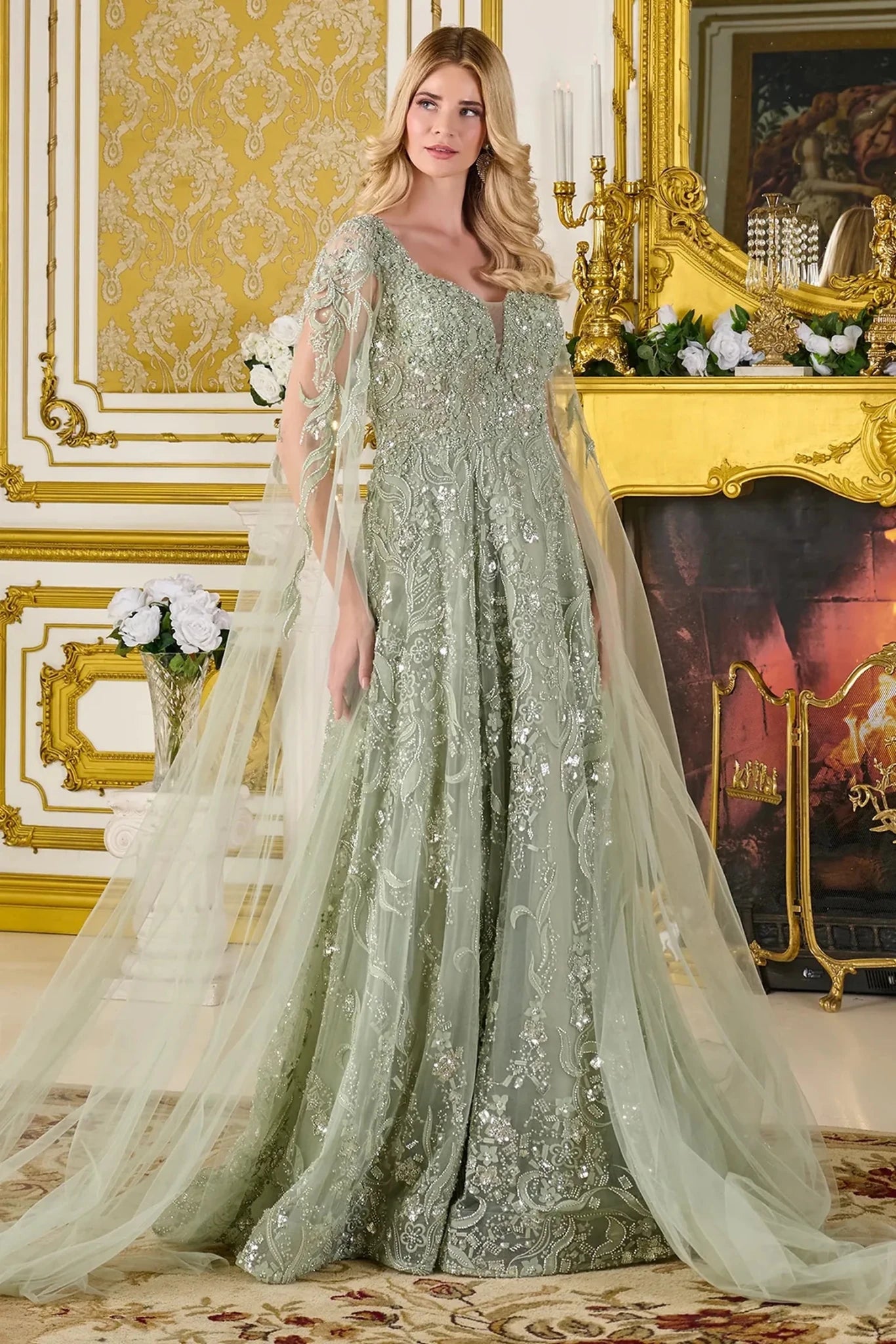 Sage beaded cape sleeve mother of the bride dress front view