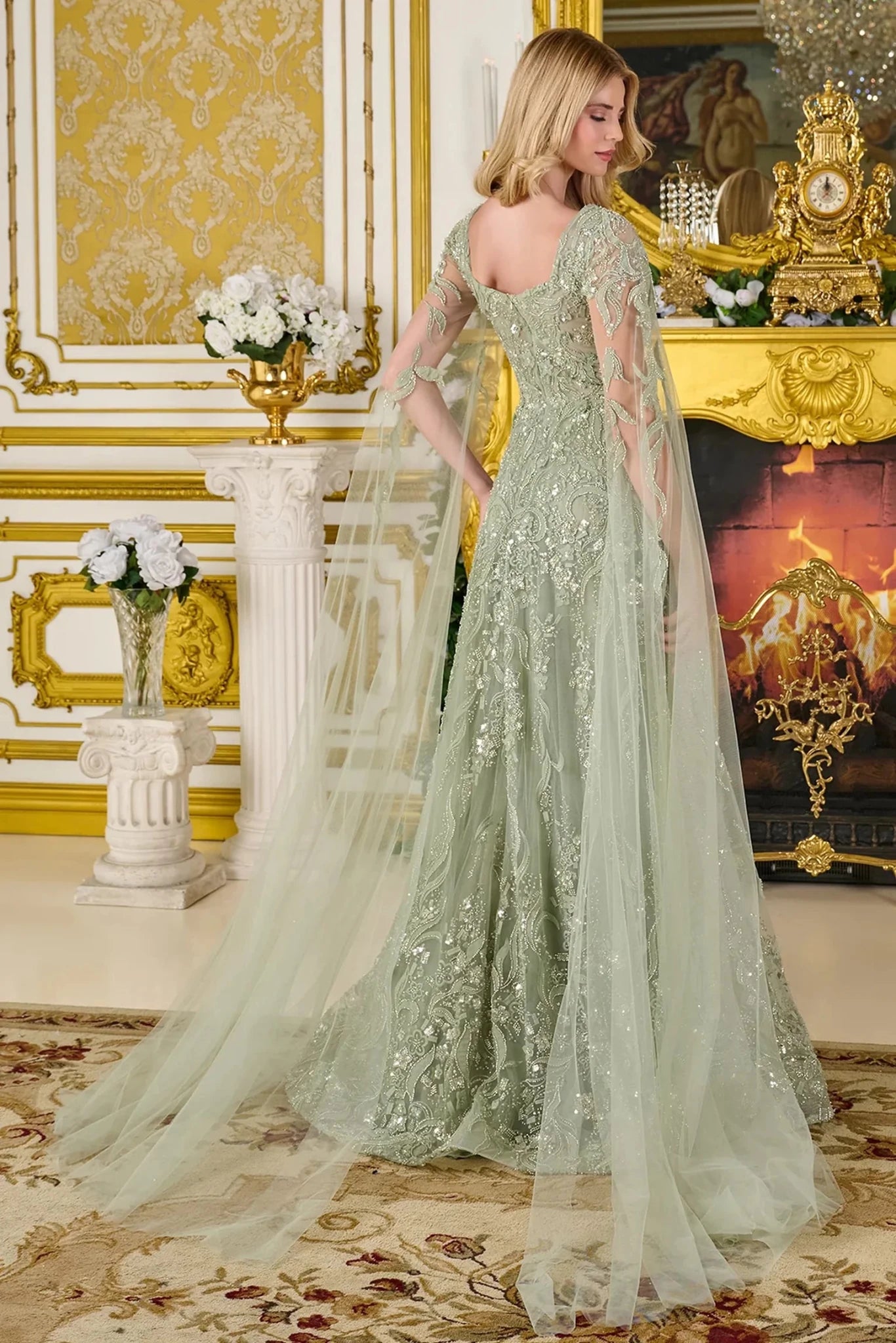 Sage beaded cape sleeve mother of the bride dress back view