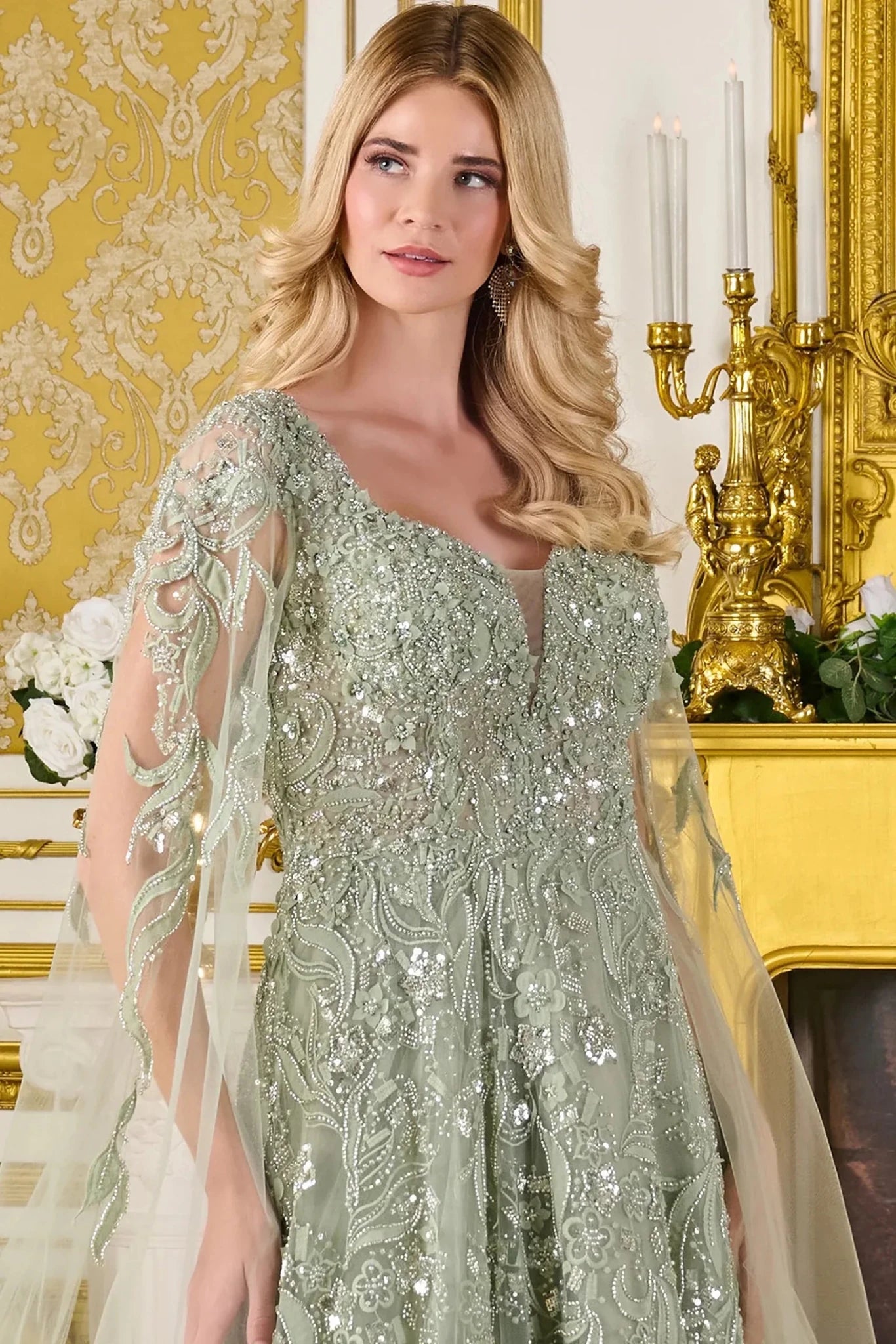 Sage beaded mother of the bride dress bodice detail