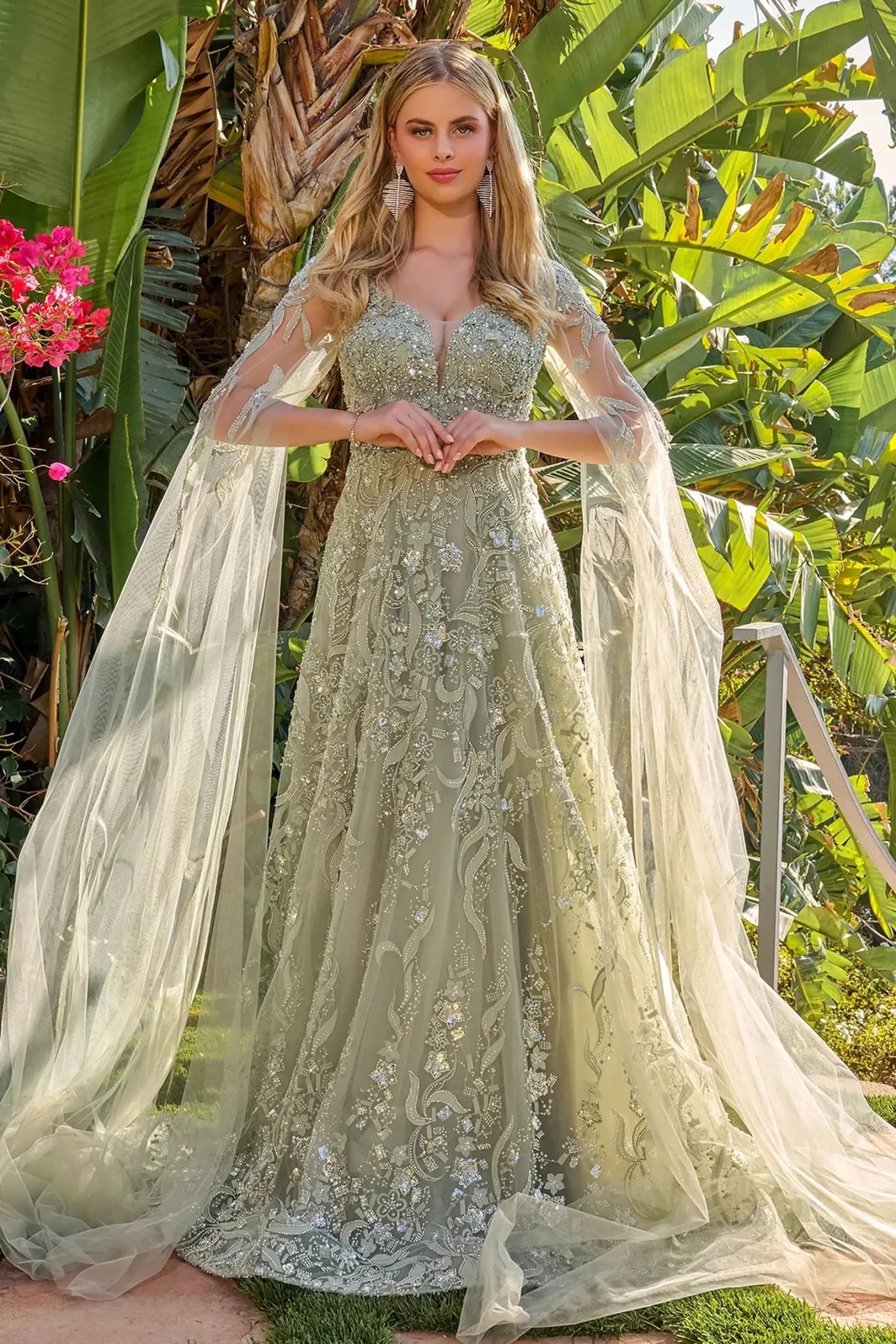 Sage embroidered mother of the bride dress full-length view
