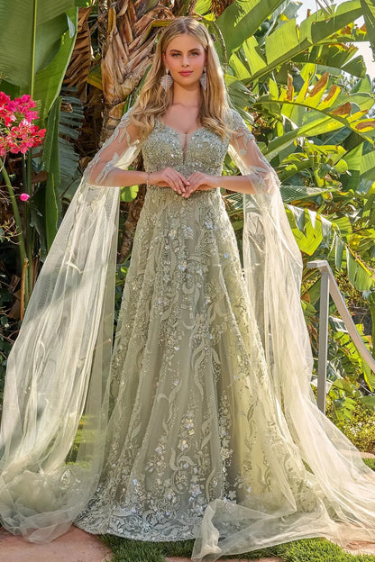 Front view presents sage embroidered mother of the bride dress full-length view.