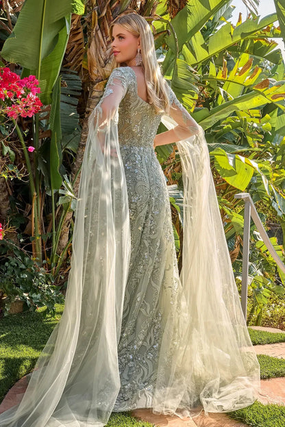Side profile shows sage sequin mother of the bride dress side detail.