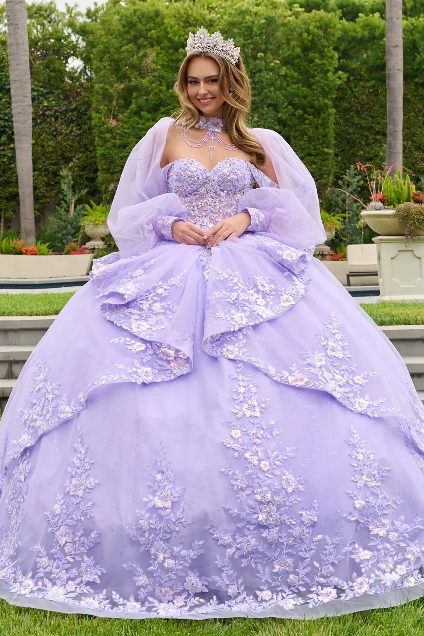 Lilac quinceañera ball gown with Basque waist corset and elegant off-shoulder straps