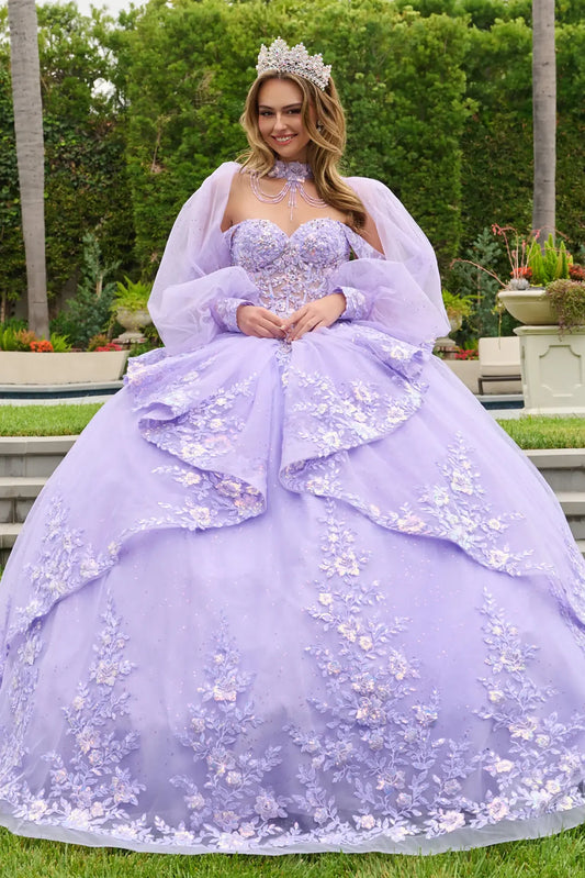 Lilac quinceañera ball gown with Basque waist corset and elegant off-shoulder straps