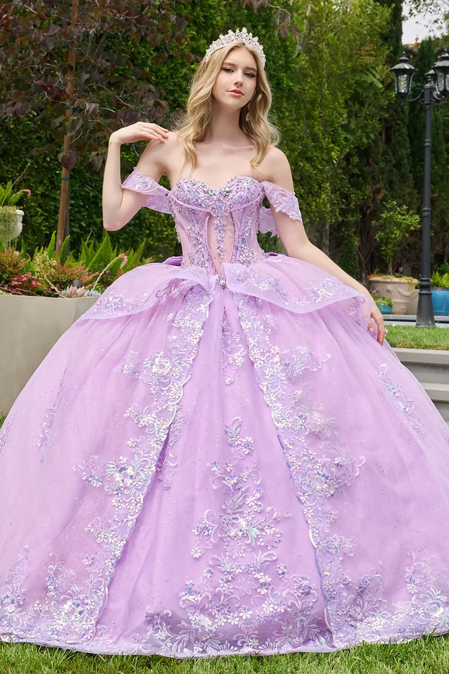Lilac quinceañera ball gown with sweetheart corset bodice and detachable off-shoulder straps