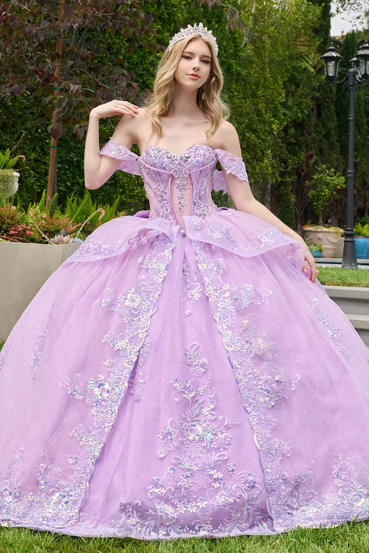 Lilac quinceañera ball gown with sweetheart corset bodice and detachable off-shoulder straps