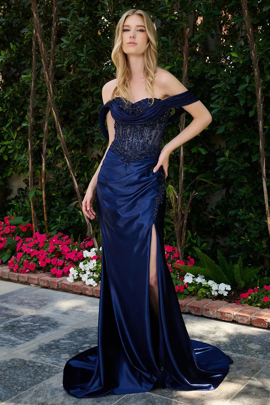 Navy evening gown with sweetheart neckline corset bodice and satin off-shoulder straps