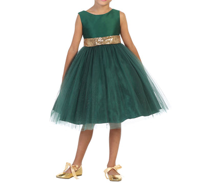 Green USA Made | Sequin V-Back Tulle Flower Girl Dress with detachable Ribbon pin - front view of girl wearing dress