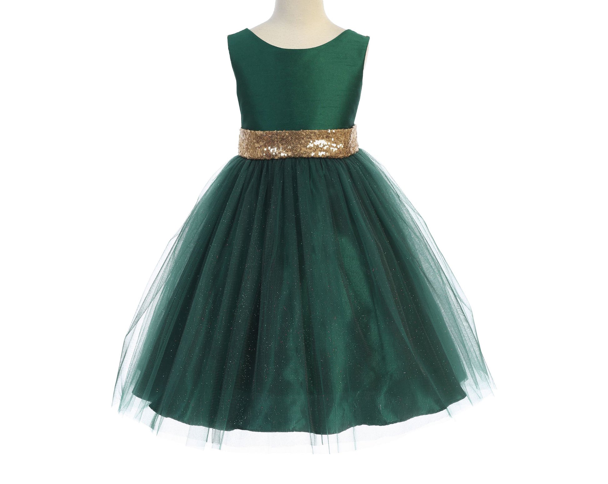 Green USA Made | Sequin V-Back Tulle Flower Girl Dress with detachable Ribbon pin - front view of dress with belt