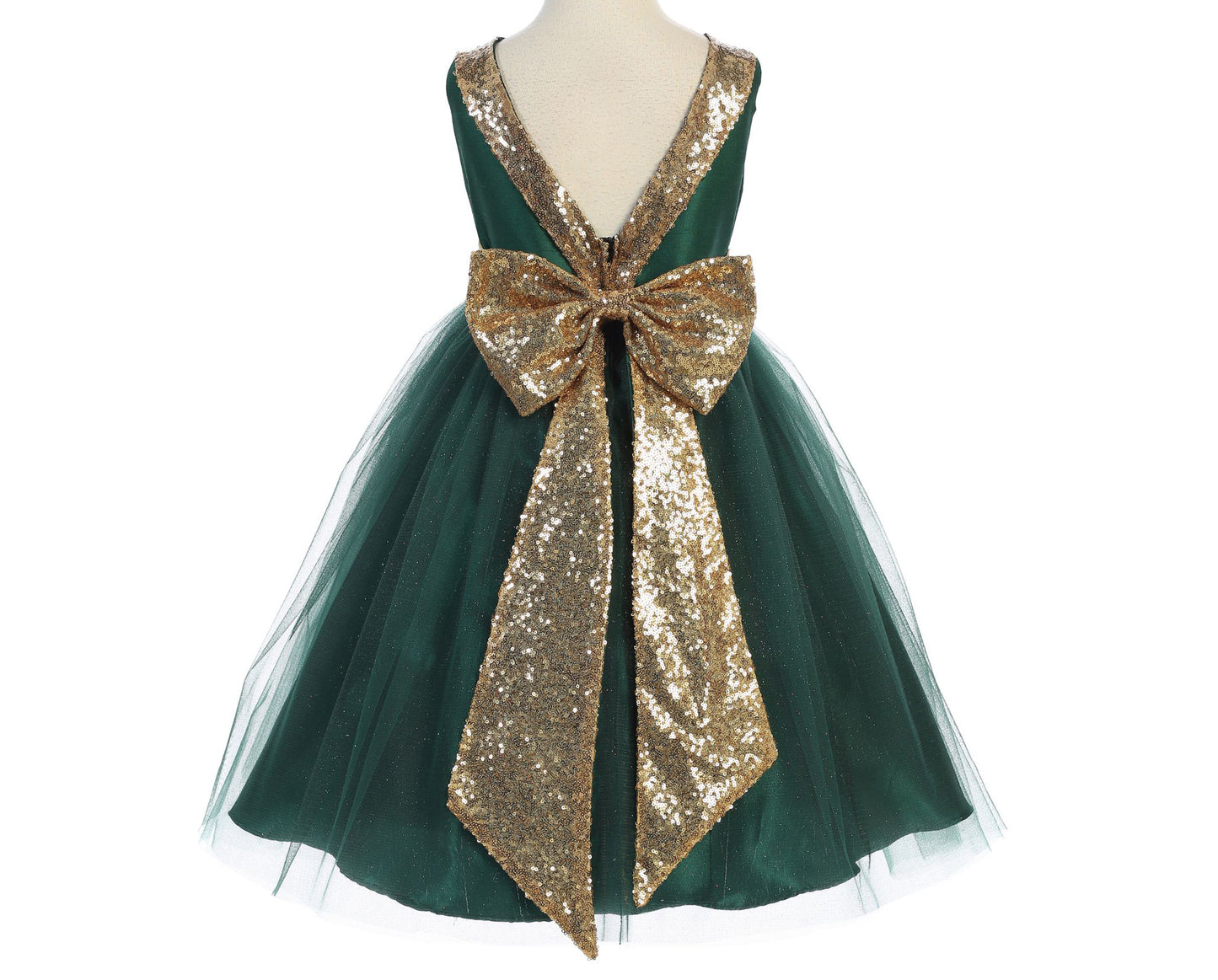 Green USA Made | Sequin V-Back Tulle Flower Girl Dress with detachable Ribbon pin - back view of dress with beautiful bow