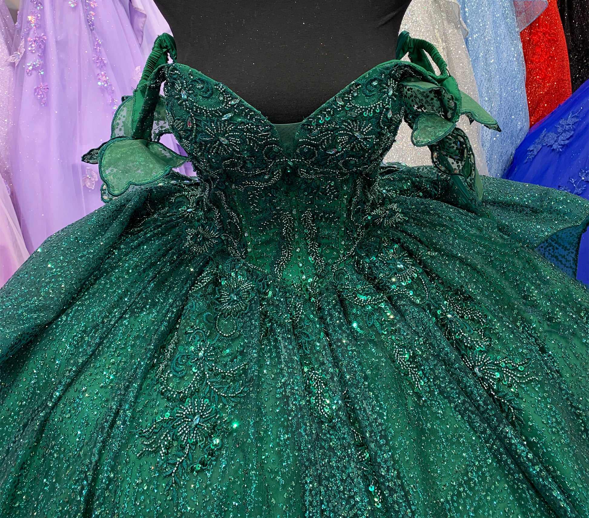 Charming Green Crafted Lace Butterfly Floral Appliqu Ball Gown 2XL / Green Charming Green Crafted Lace Butterfly Floral Appliqu Ball Gown 2XL / Green