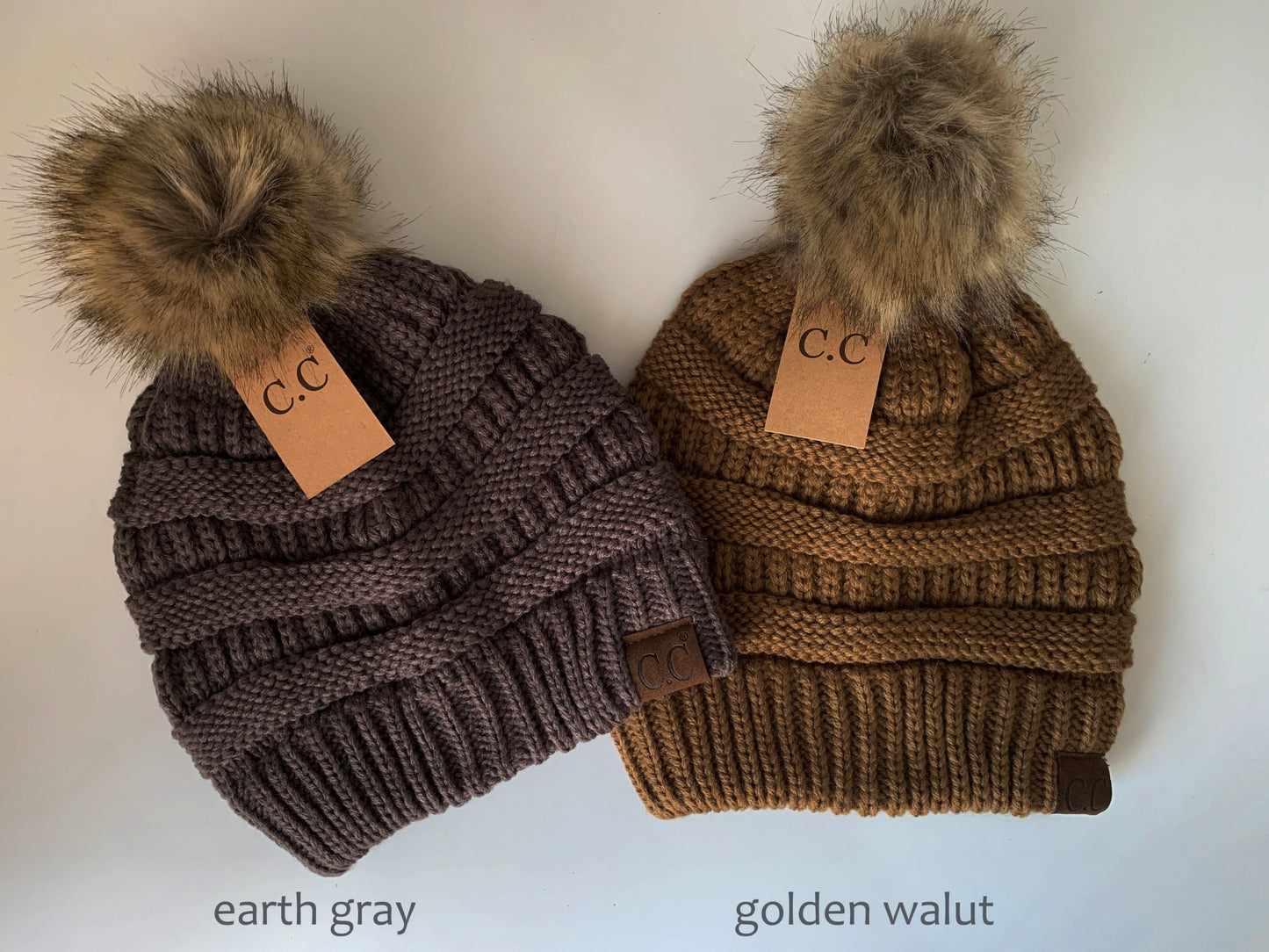 Golden walnut pom-pom women's winter beanie.