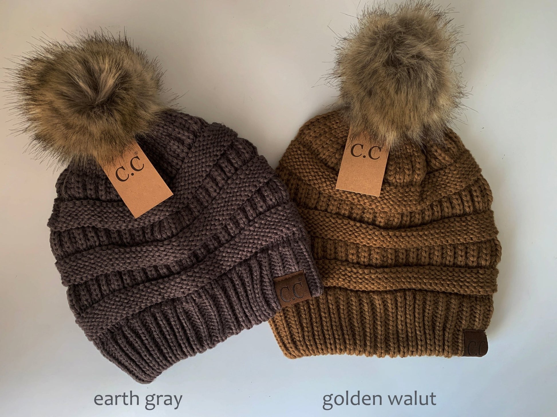 Golden walnut pom-pom women's winter beanie.