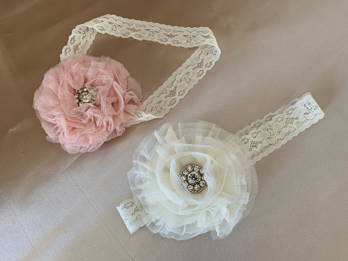 Pink lace floral flower girl headband.